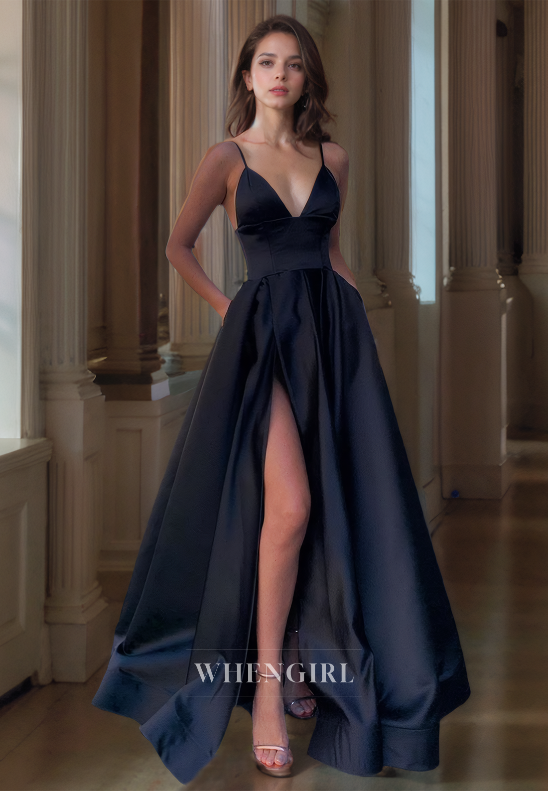 A-Line V Neck Straps Sleeveless Long Prom Dress with High Side Slit and Train