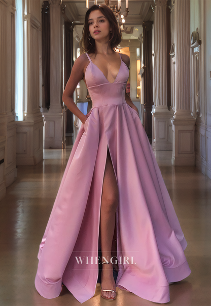 A-Line V Neck Straps Sleeveless Long Prom Dress with High Side Slit and Train