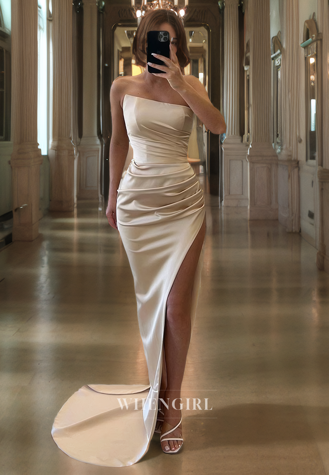 Sheath Strapless Sleeveless Pleated Long Prom Dress with High Side Slit and Train