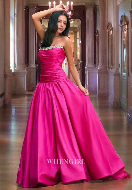 A-Line Strapless Sleeveless Pleated Beaded Back Zipper Long Prom Dress