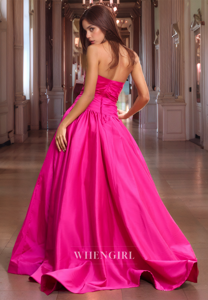 A-Line Strapless Sleeveless Pleated Beaded Back Zipper Long Prom Dress