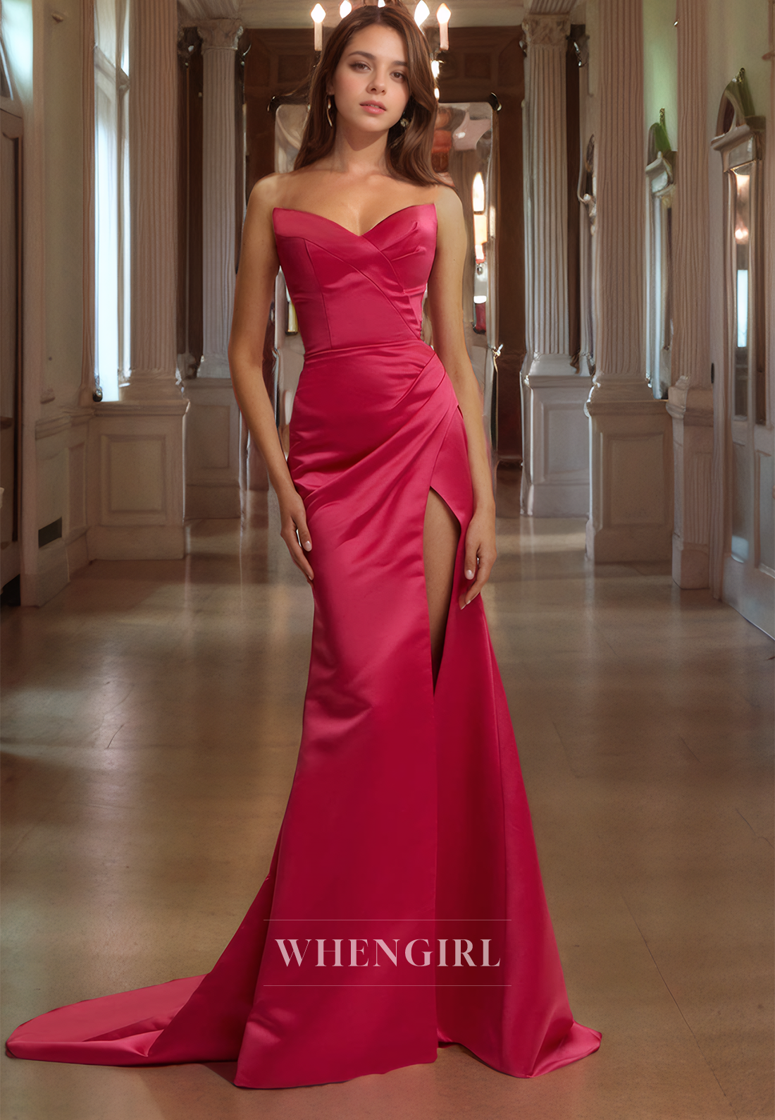 Sheath Strapless Sleeveless Satin Long Prom Dress with High SIde Slit and Train