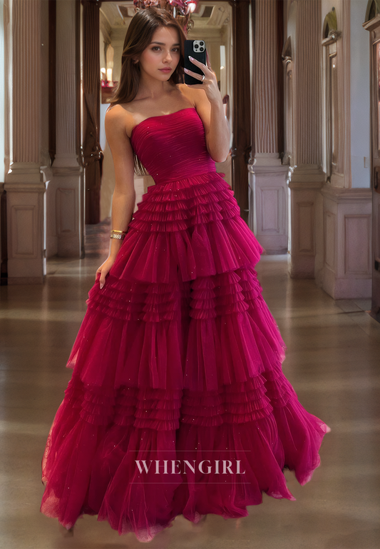 A-Line Strapless Sleeveless Pleated Tulle Tiered Long Prom Dress