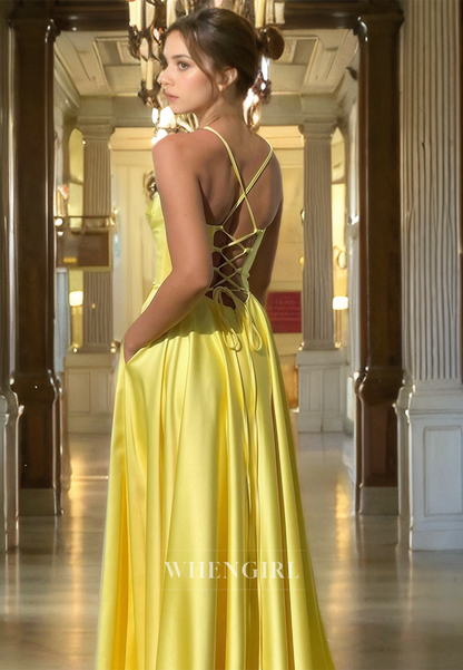 A-Line Strapless Straps Sleeveless Lace Up Long Prom Dress with High Side Slit and Train