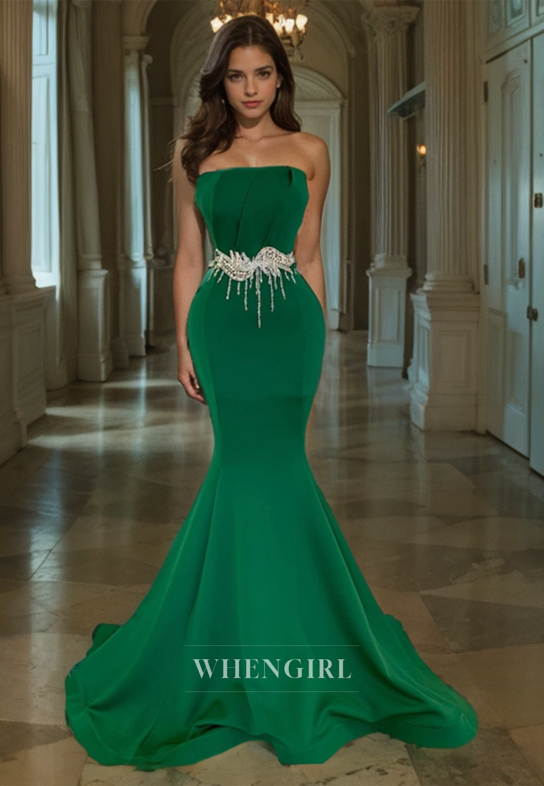 Mermaid Strapless Pleated Beaded Long Prom Dress with Train