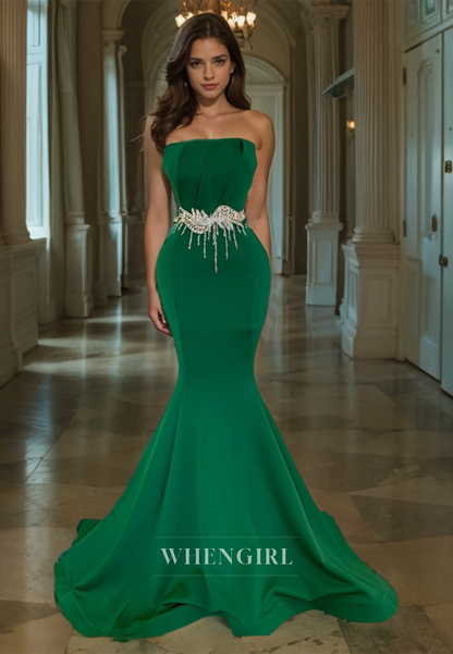 Mermaid Strapless Pleated Beaded Long Prom Dress with Train