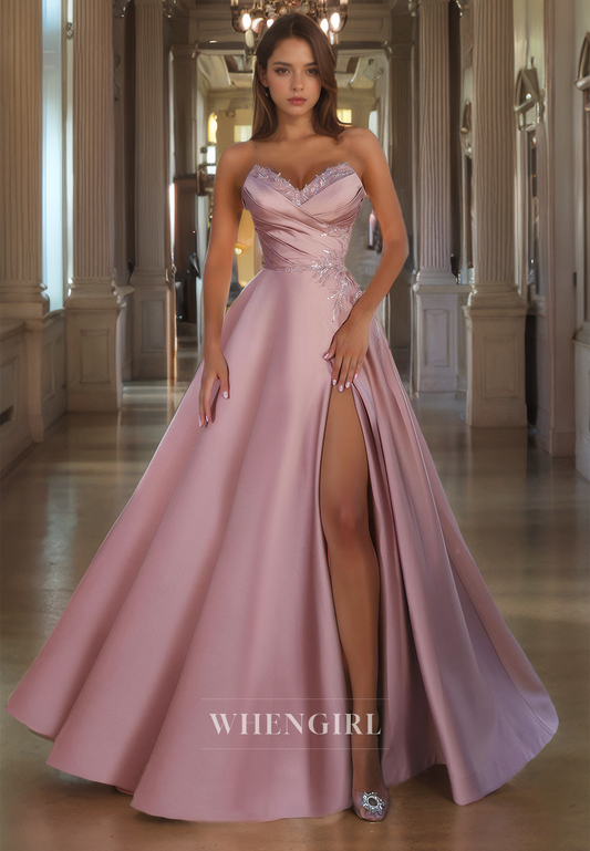 A-Line Strapless Sleeveless Pleated Sequins Long Prom Dress with High Side Slit