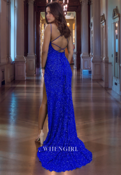 Sheath Strapless Sleeveless Glitter Long Prom Dress with High Side Slit and Train