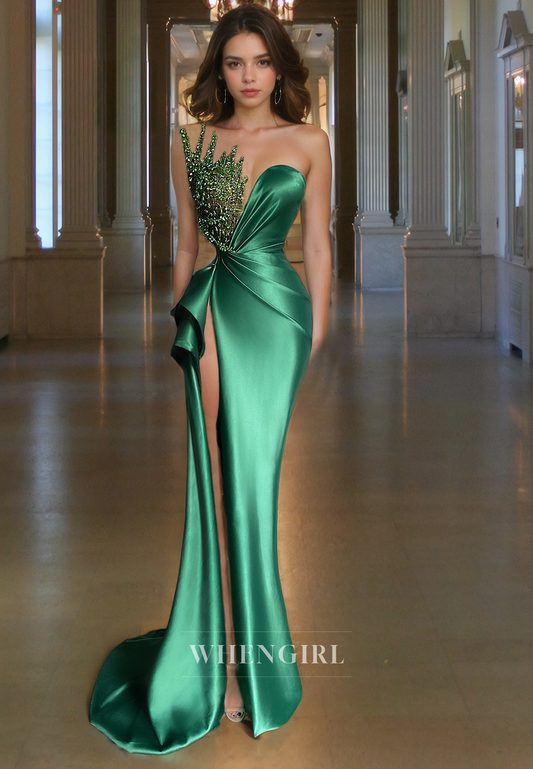 Sheath Strapless Sleeveless Pleated Beaded Long Prom Dress with High Side Slit and Train