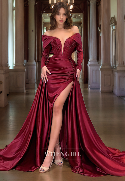 Mermaid Off Shoulder Long Sleeves Pleated Long Prom Dress with High Side Slit and Train