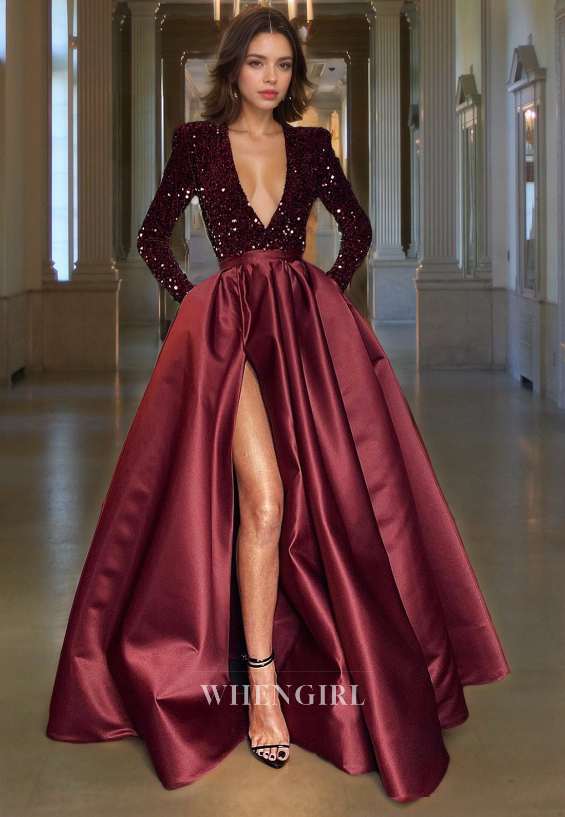 A-Line Low V Neck Long Sleeves Sequins Satin Long Prom Dress with High Side Slit