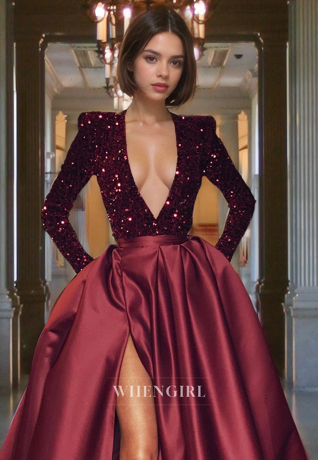 A-Line Low V Neck Long Sleeves Sequins Satin Long Prom Dress with High Side Slit