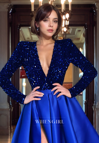 A-Line Low V Neck Long Sleeves Sequins Satin Long Prom Dress with High Side Slit