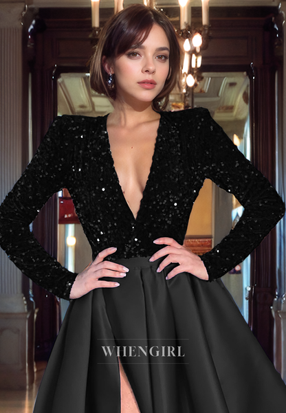 A-Line Low V Neck Long Sleeves Sequins Satin Long Prom Dress with High Side Slit