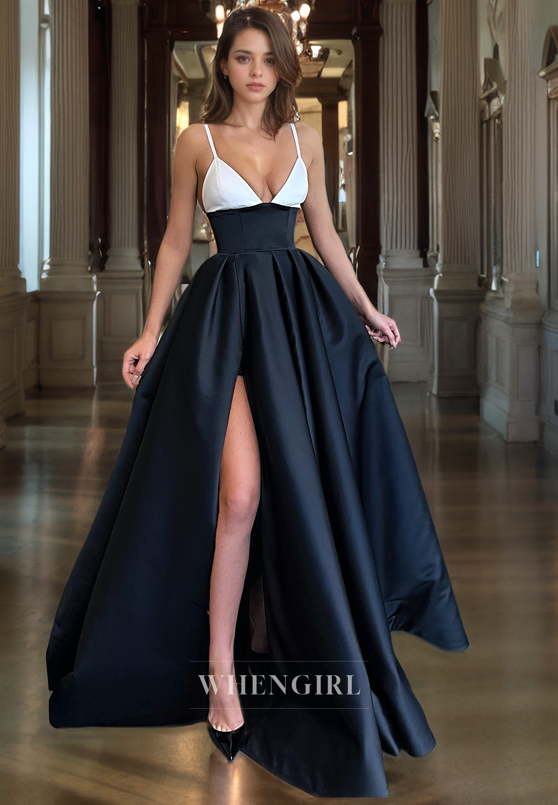 A-Line V Neck Straps Sleeveless Satin Long Prom Dress with High Side Slit