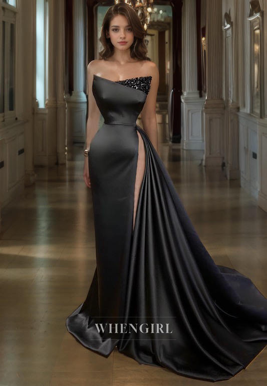 Sheath Boat Neck Sleeveless Beaded Long Prom Dress with High Side Slit and Train