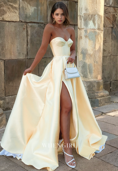 A-Line Strapless Sleeveless Back Zipper Long Prom Dress with High Side Slit and Train