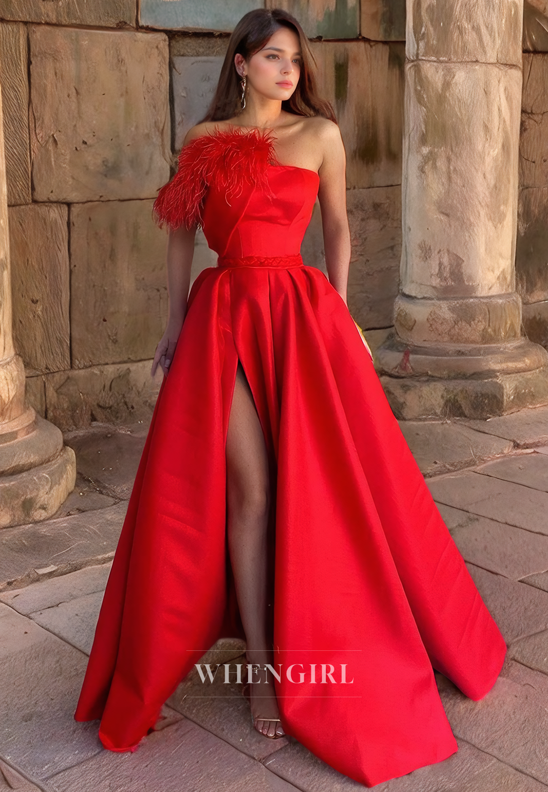 A-Line Strapless Sleeveless Satin Long Prom Dress with High Side Slit and Train