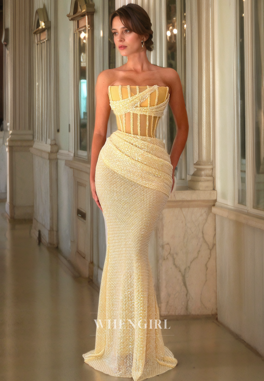 Mermaid Strapless Sleeveless Pleated Fully Sequins Long Prom Dress with Train