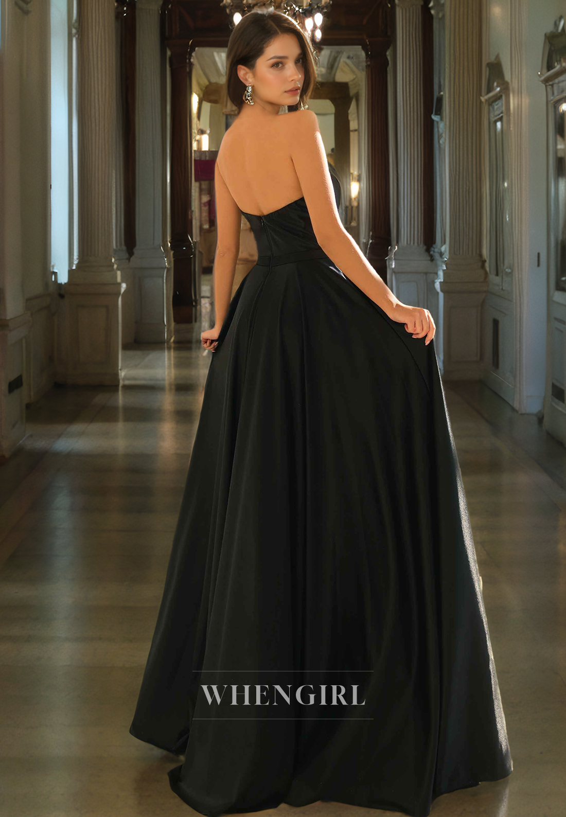 A-Line Strapless Sleeveless Back Zipper Long Prom Dress with Train