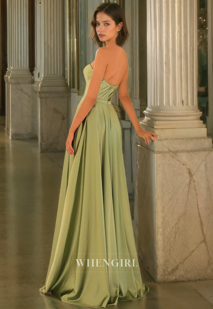 A-Line Strapless Sleeveless Back Zipper Long Prom Dress with Train