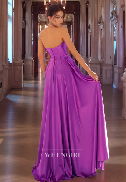 A-Line Strapless Sleeveless Back Zipper Long Prom Dress with Train