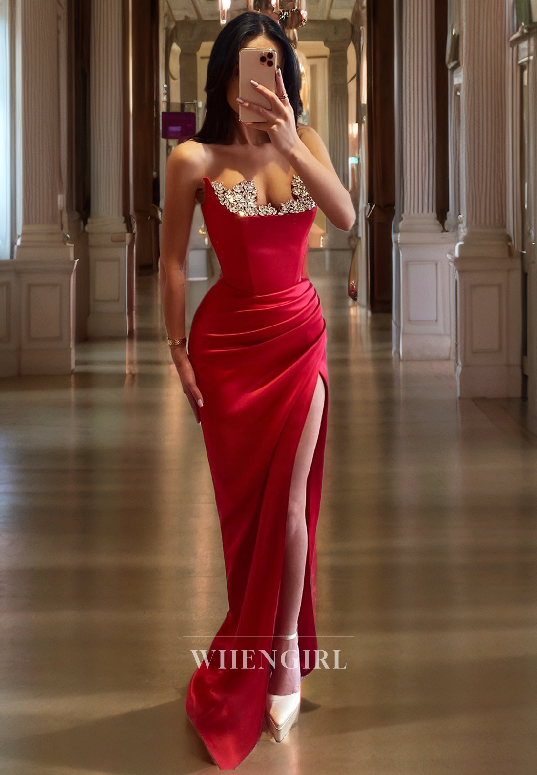 Sheath Strapless Sleeveless Beaded Pleated Long Red Prom Dress with High Side Slit