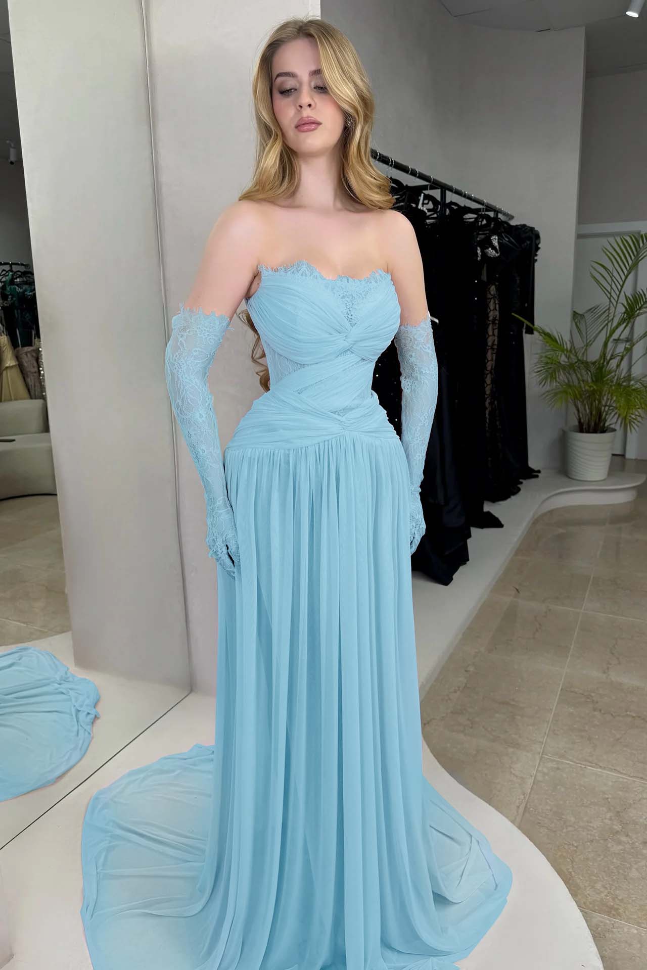 Column Strapless Fitted Prom Dress in Chiffon Pleated with Lace