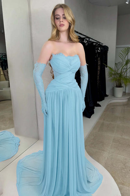 Column Strapless Fitted Prom Dress in Chiffon Pleated with Lace