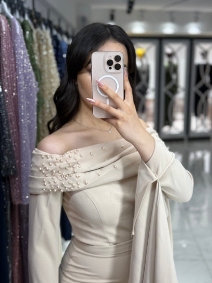 Beige Off Shoulder Long Sleeves Beaded Ruched Evening Dress