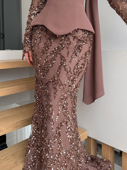 Sequins Brown Straight Across Mermaid Elegant Prom Dress With Scarf