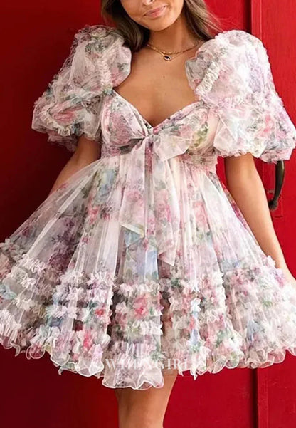 A-Line Tulle Short Puff Sleeves Multi Tiered Bowknot Floral Short Homecoming Dress