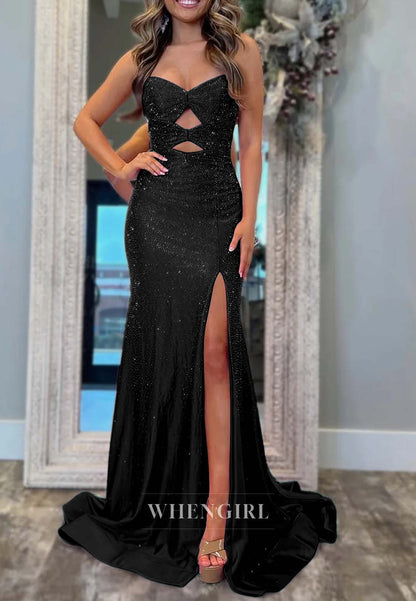 Sweetheart Sleeveless Cut Out Formal Dress Side Slit Beaded Sweep Train Sheath Evening Dress