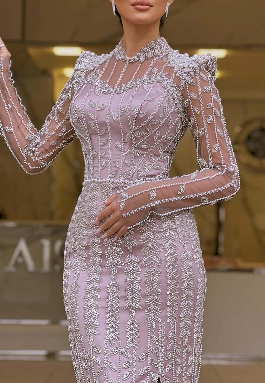 High Neck Long Sleeves Beaded Sheath Floor Length Formal Dress Evening Gown