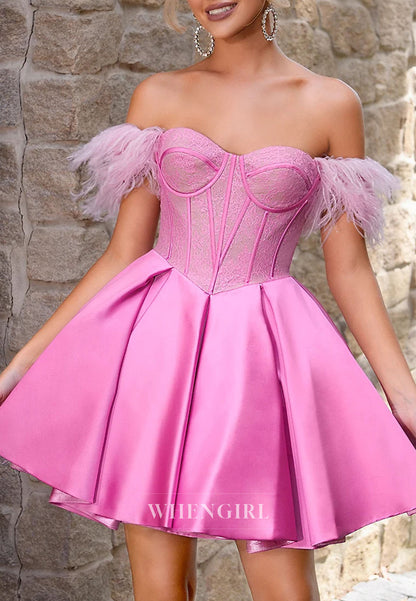 A-Line Off Shoulder Feather Sleeveless Lace Up Short Homecoming Dress