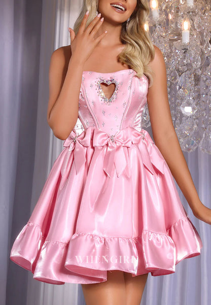 A-Line Strapless Bowknot Ruffles Back Zipper Beaded Heart-Shaped Hollow Short Homecoming Dress
