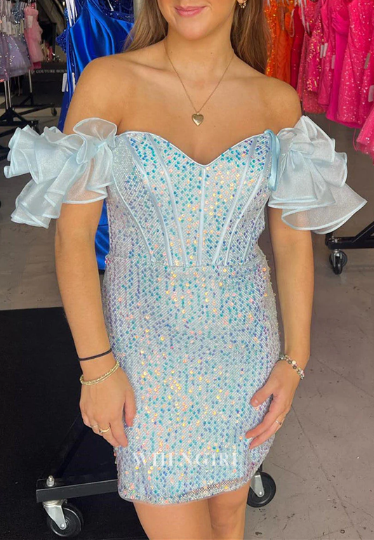Sheath Off Shoulder Sequins Beaded Sleeveless Lace Up Short Homecoming Dress