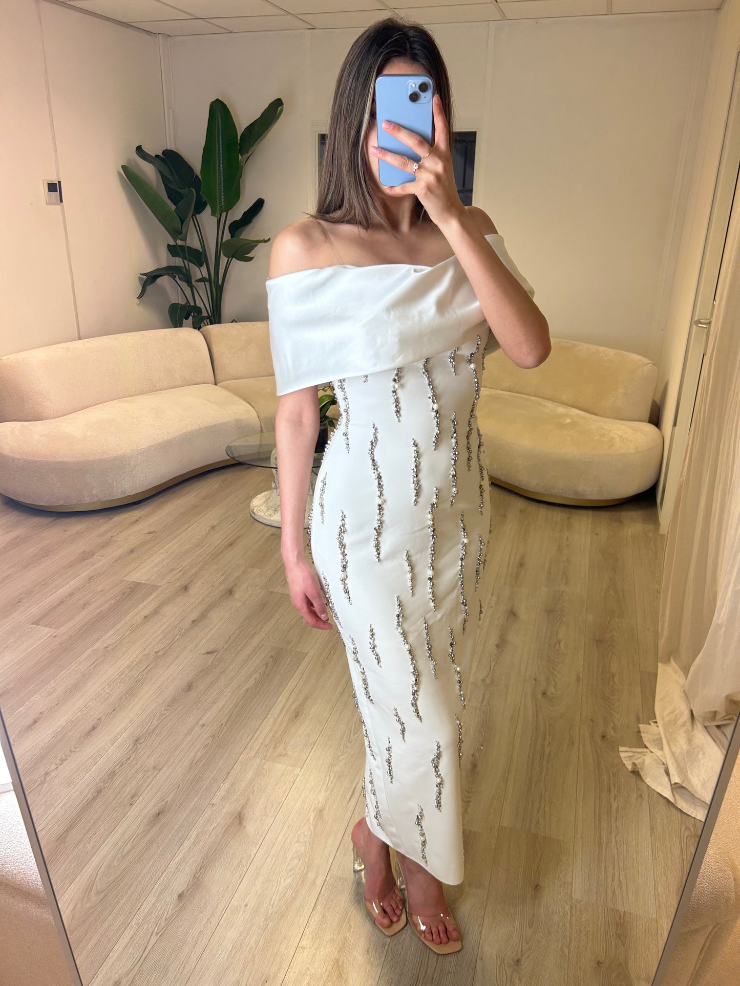 Sheath Off Shoulder Beaded Short Wedding Dress