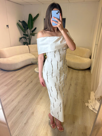 Sheath Off Shoulder Beaded Short Wedding Dress
