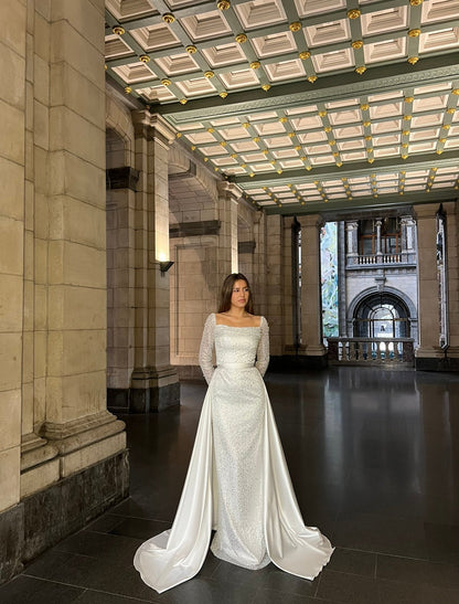 Column Square Neck Beaded Long Sleeves Ruched Wedding Dress with Train