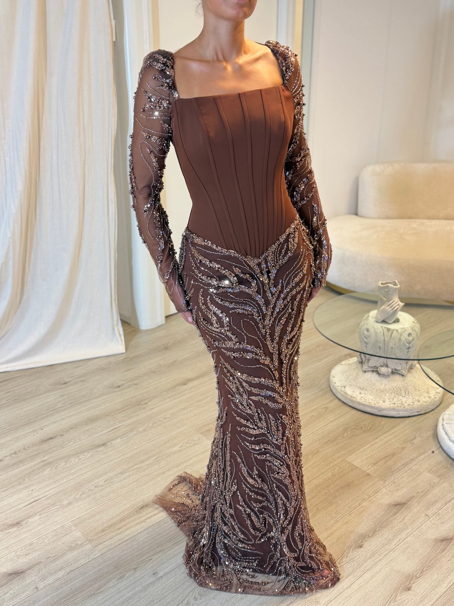 Brown Suqare Neck Beaded Long Sleeves Sheath Evening Dress