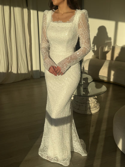 Mermaid Beaded Lace Long Sleeves Square Neck Floor Length Wedding Dress