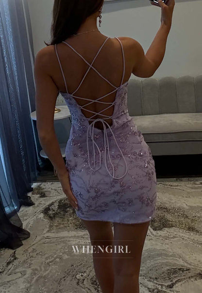 Sheath V Neck Spaghetti Straps Lace Up Beade Short Sleeveless Homecoming Dress