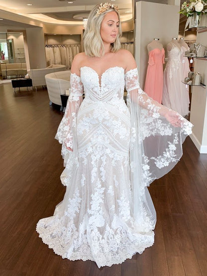 Bell Sleeves Lace Wedding Dresses Sweetheart Mermaid Bridal Gown