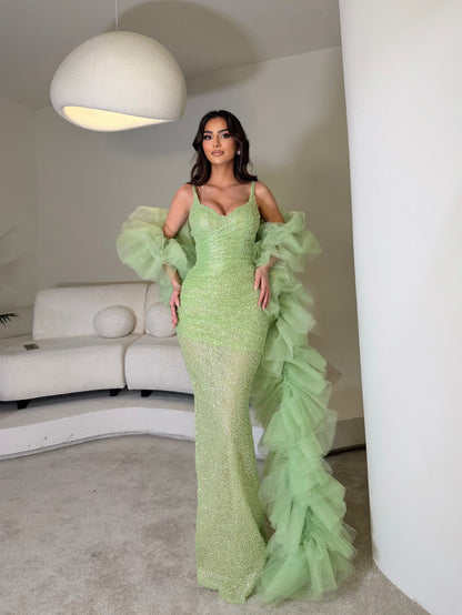 Sage Straps Prom Dress Sleeveless Sheath Beaded with Split
