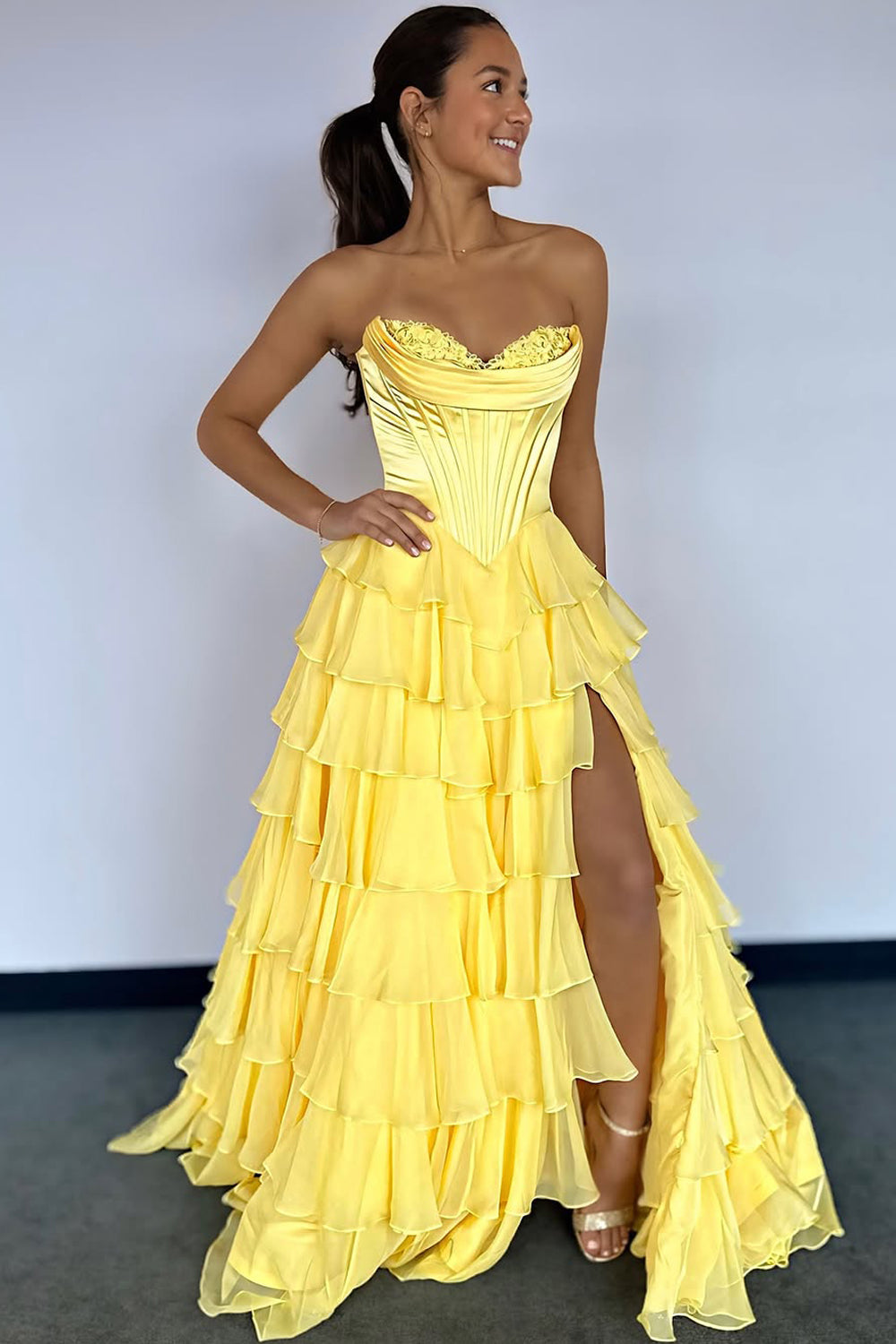 A-Line Strapless Ruffle Tiered Long Prom Dresses with Slit