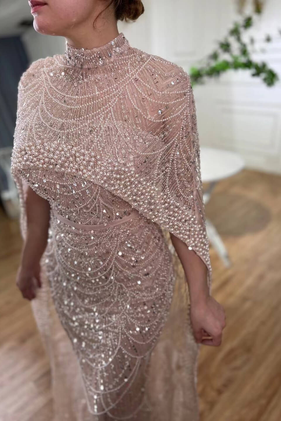 High Neck Sheath Pearls Prom Dresses With Cape Long Sequins Beads