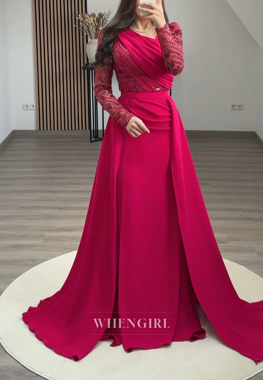Asymmetrical Neck Long Beaded Sleeves Sheath Side Slit Sweep Train Formal Evening Dress