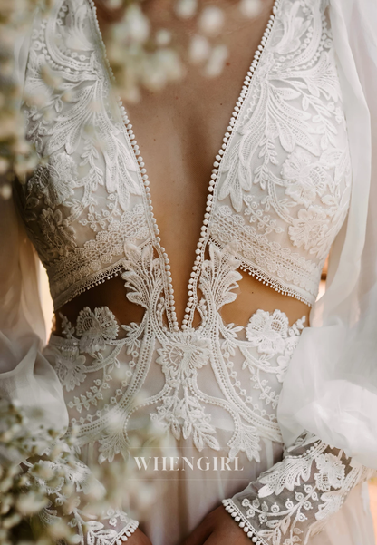 A-Line V Neck Appliqued Lace Long Sleeves Cut Out Side Slit Sweep Train Boho Beach Wedding Dress