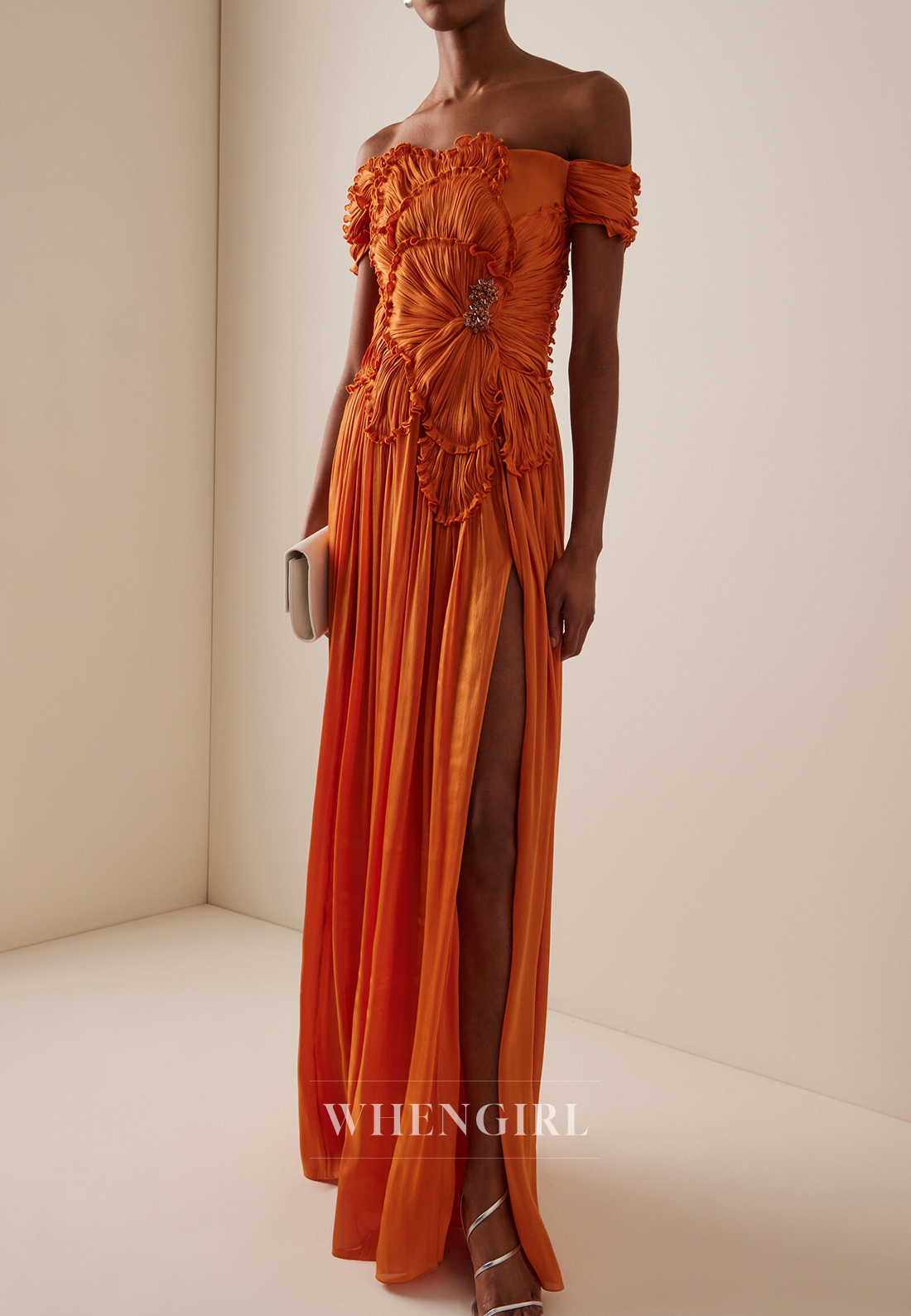 Orange Pleated Floral Side Slit Off Shoulder Column Evening Formal Dress